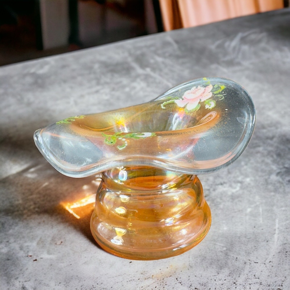 Hand Painted Luster Hat Shaped Glass Trinket Dish Bowl Whimsical Floral Vintage‎